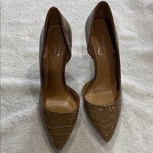 Jessica Simpson Brown Croc-Embossed Pointed Toe Pumps